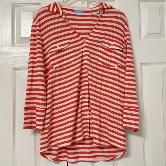 J. McLaughlin Women's Linen Knit Brynn Top Orange White Stripes Size XL - Picture 1 of 6